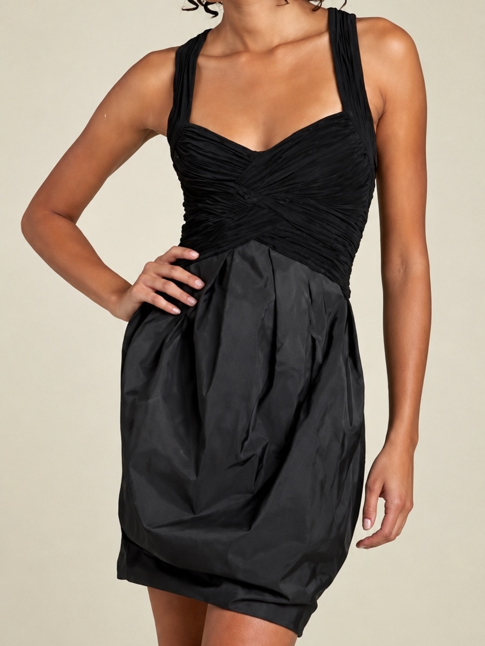 BCBGMaxAzria Black Ruched Bubble Hem Cocktail Dress Adjustable Straps Size 0